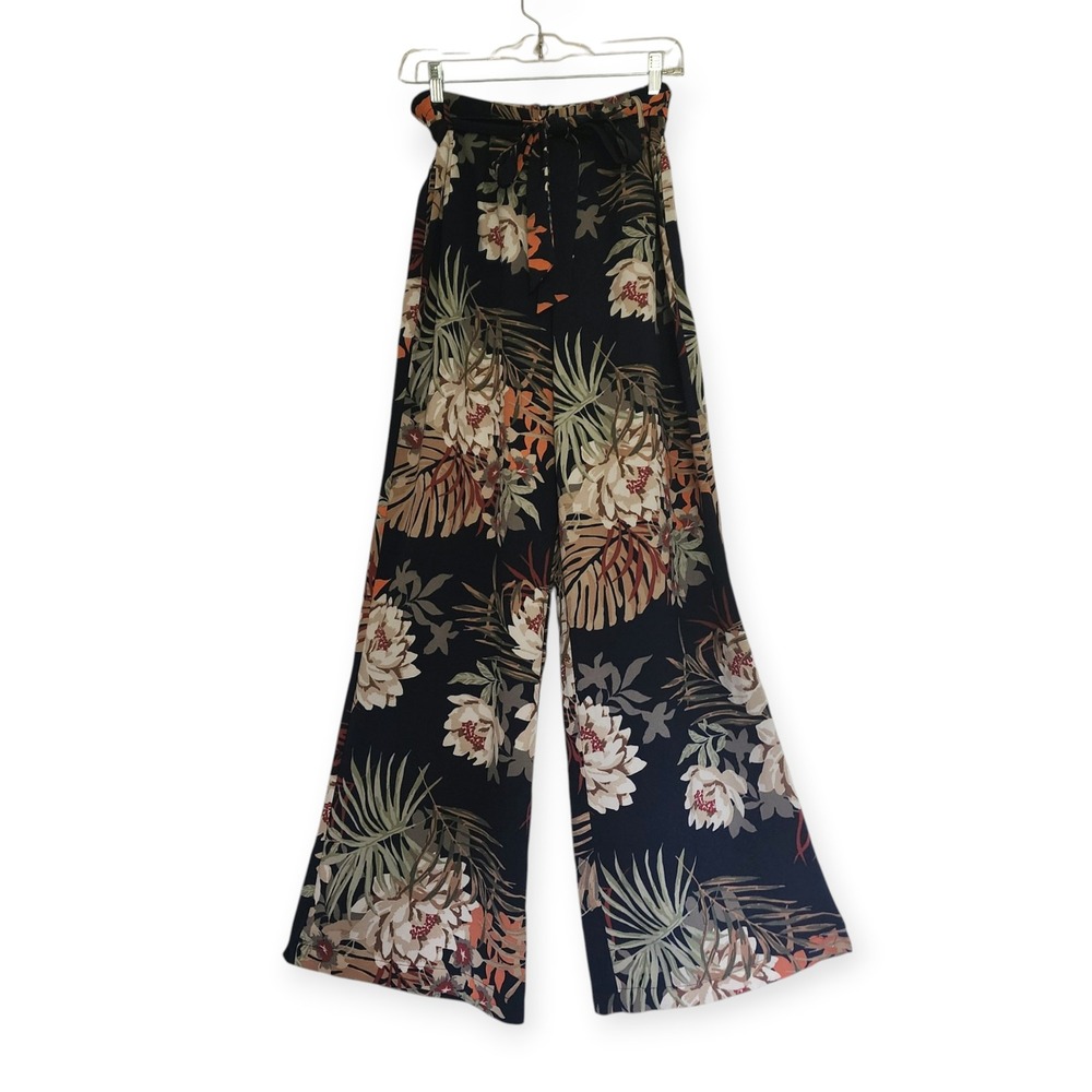Hyfve Navy Tropical Floral Wide Leg Pants High Waist Vacation Trousers Medium